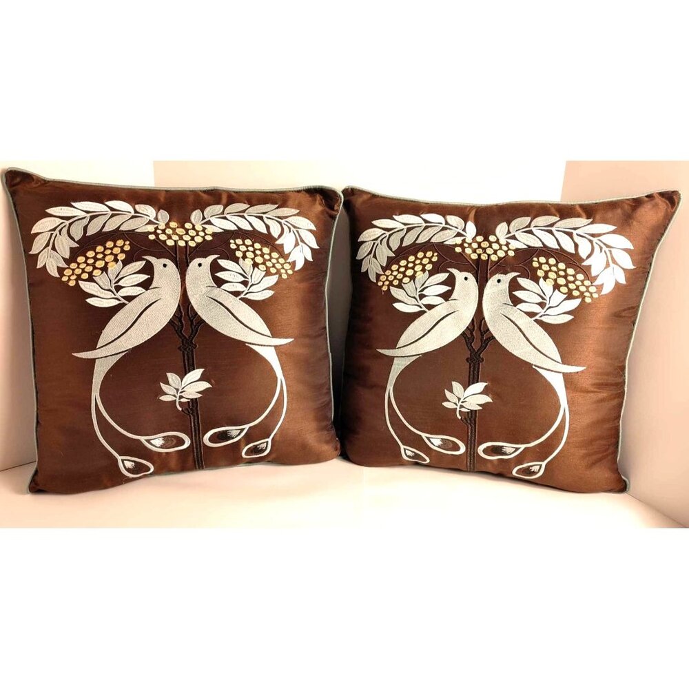 Decorative Brown Throw Pillow Set With Teal Bird & Leaf Embroidery 17" Square